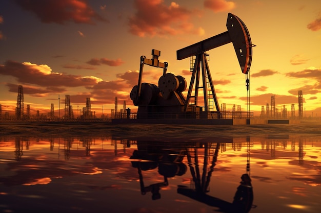De oliepompen in olieveld bij 3d zonsondergang geven illustratie terug