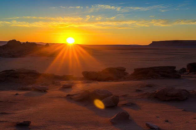 De ondergaande zon boven de Gobi-woestijn werpt een warme en levendige gloed gecreëerd met generatieve AI