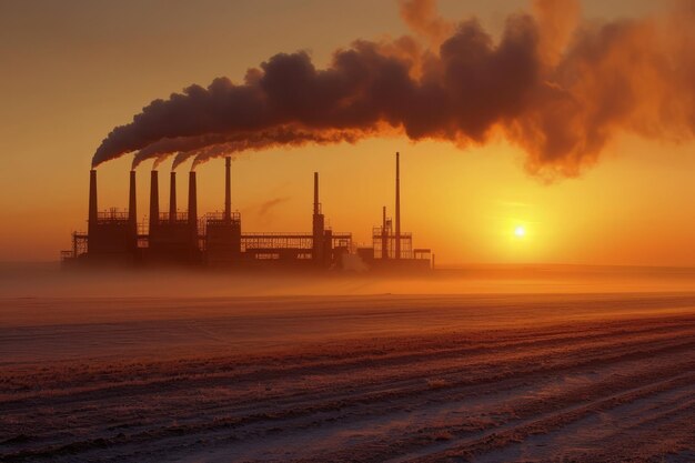 De ondergaande zon werpt een gouden gloed op het besneeuwde landschap en de fabriek in de verte