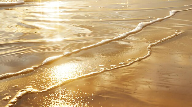 Foto de ondergaande zon werpt een gouden gloed op het natte zand en de golven