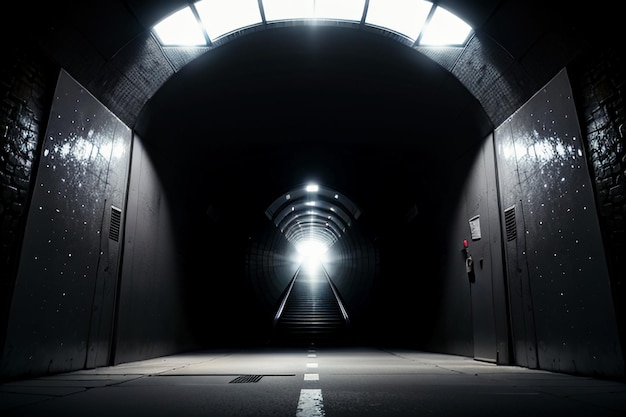 De ondergrondse tunnelpassage lang en ver weg met licht zwart-wit-stijl schietscène