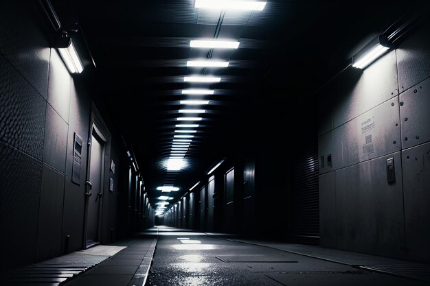De ondergrondse tunnelpassage lang en ver weg met licht zwart-wit-stijl schietscène