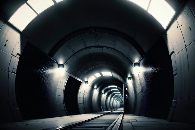De ondergrondse tunnelpassage lang en ver weg met licht zwart-wit-stijl schietscène