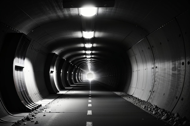 De ondergrondse tunnelpassage lang en ver weg met licht zwart-wit-stijl schietscène