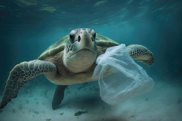 De onderwaterillustratie van overzeese groene schildpad eet plastic zak