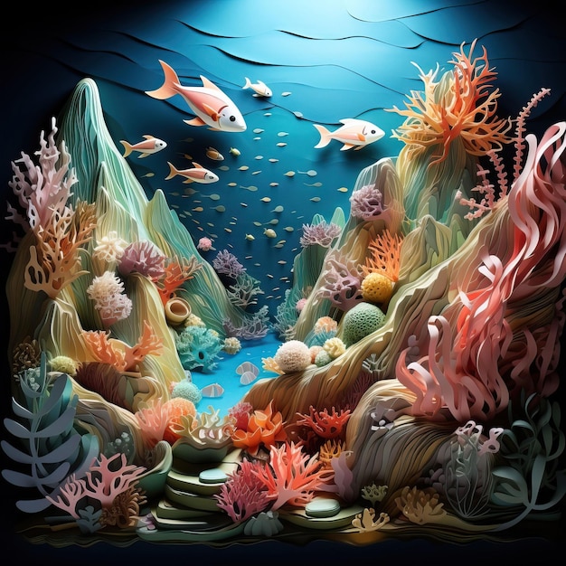 de onderzeese wereld komt tot leven in een 3D-papiersculptuur met levendige koraalriffen