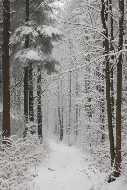 De ongerepte sneeuw bedekt een vreedzaam bospad met hoge bomen die in stilte de wacht houden.