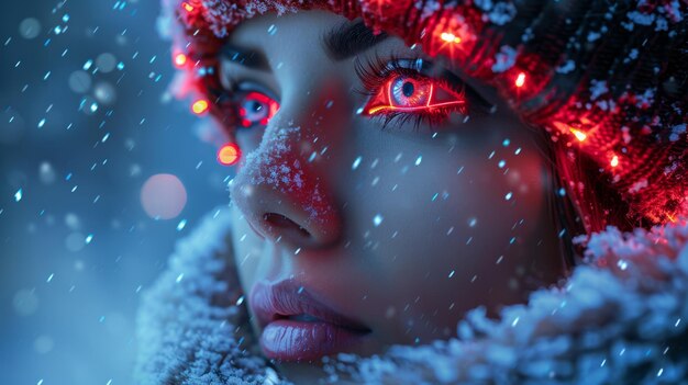 De online kerstverkoopbanner voor dit jaar is ontworpen in een technocyberpunk stijl Een mooie robotvrouw in een rode hoed siert een virtuele elektronische kerstboom Een nieuwjaars internet