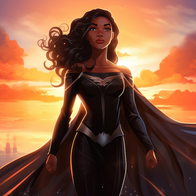De onstuitbare supervrouw omarmt haar krachten tegen een zonsondergang skyline in een dynamische cartoon stijl