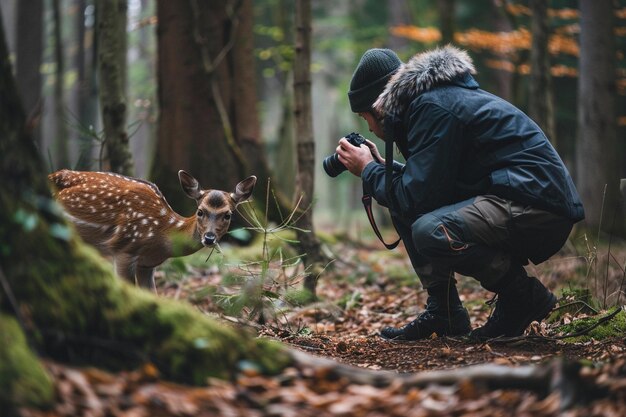 Foto de ontdekkingsreiziger kruipt stilletjes met de camera in de hand.