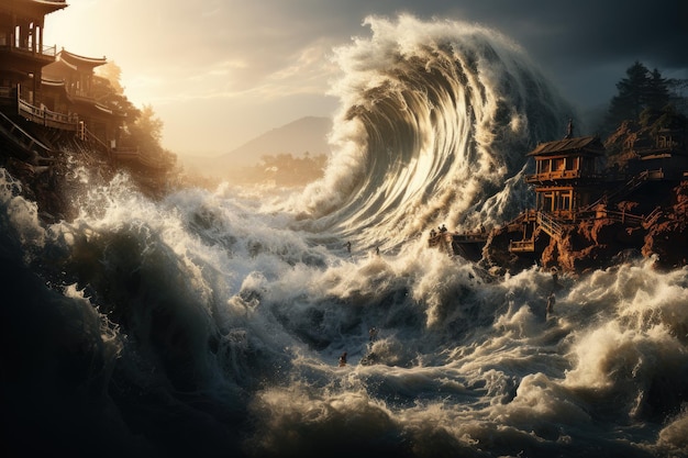 De ontzagwekkende kracht van enorme tsunami-golven die in de oceaan botsen