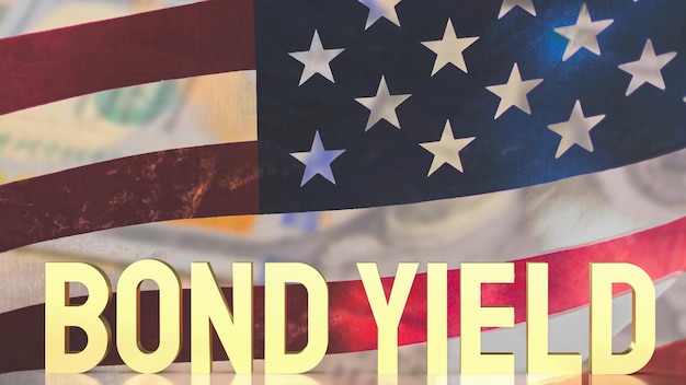 De opbrengsten van de gouden obligatie op de achtergrond van de vlag van de verenigde staten van amerika voor de 3D-rendering van het bedrijfsconcept