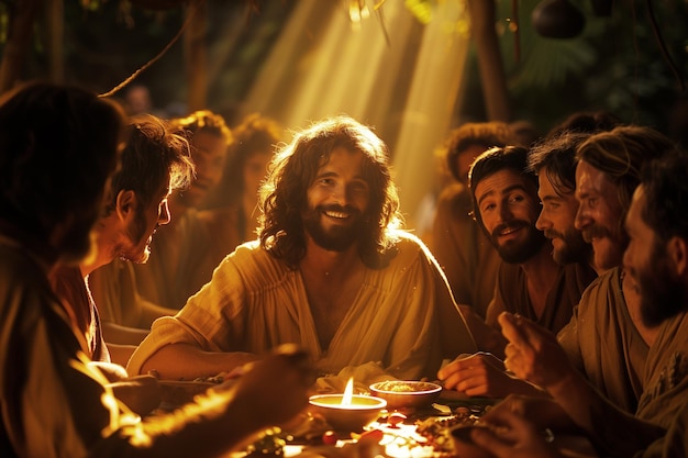 De opgestane Jezus verschijnt schitterend aan de discipelen aan tafel