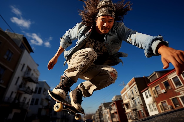 Foto de opwinding van de skateboarder het opwindende moment op het skateboard vastleggen