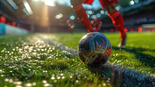 De opwinding van een voetbalwedstrijd een opwindende vertoning van vaardigheid strategie en teamwerk op het veld boeiende fans over de hele wereld met zijn opwindende energie en gepassioneerde concurrentie