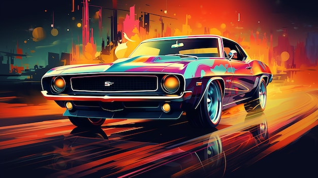 De originele illustratie van een Amerikaanse muscle car in retro neonstijl Generative AI