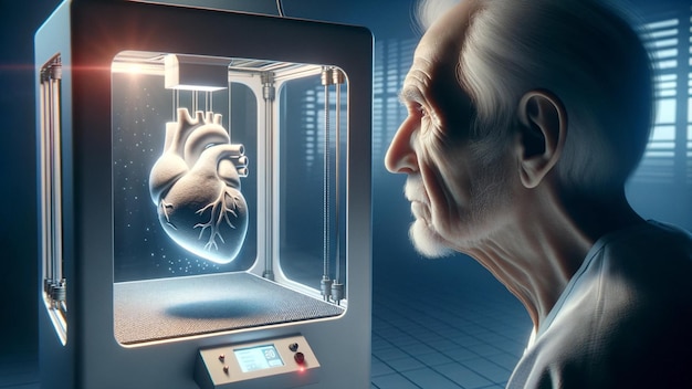 Foto de oude dokter en de new age 3d-printing van een hart in het licht van de medische vooruitgang