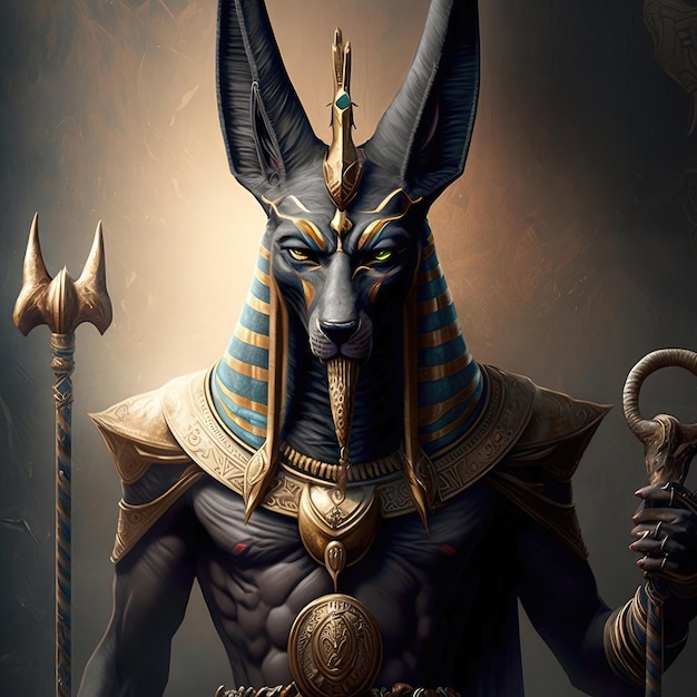 De oude Egyptische god van de dood en de wereld van de doden de verschrikkelijke Anubis Fantasy Egypte AI