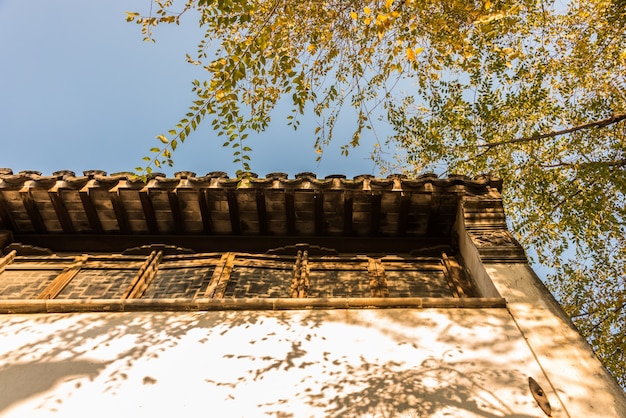 De oude Huizhou architectuur en gele bladeren van de herfst.