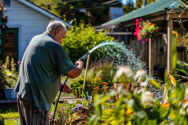 De oude man is buiten bloemen aan het spoelen.