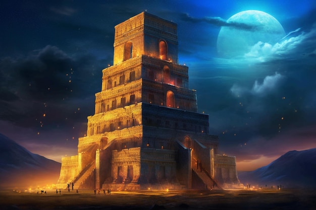 De oude stad Babylon is een groot oud gebouw met een grote maan op de achtergrond.