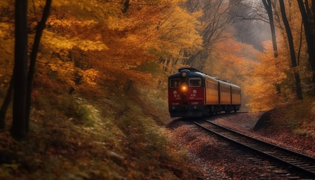 De oude stoomlocomotief raast door het door AI gegenereerde herfstbos