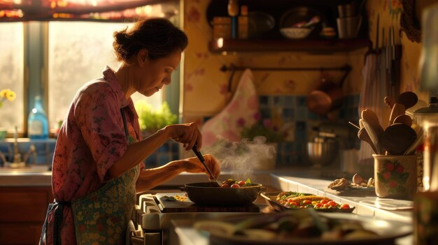 Foto de ouder kookt eten in de keuken in de avond van de dag voor het diner aig