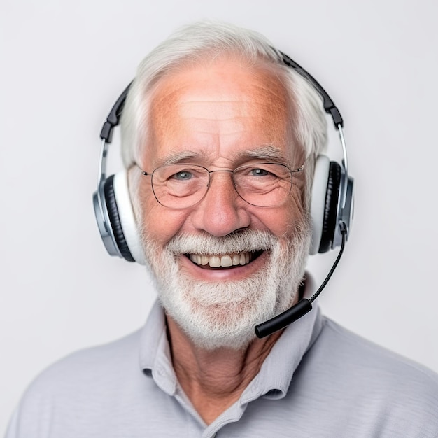 Foto de oudere glimlachende mens luistert muziek met hoofdtelefoons witte achtergrond