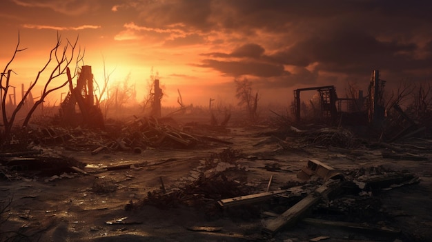 De overblijfselen van verwoeste huizen bij zonsondergang Apocalyptisch landschap