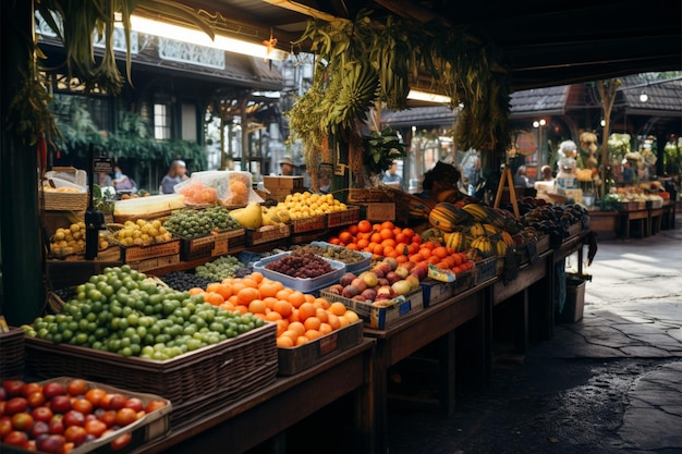 De overdekte marktplaats biedt onder het dak lokale groenten en fruit