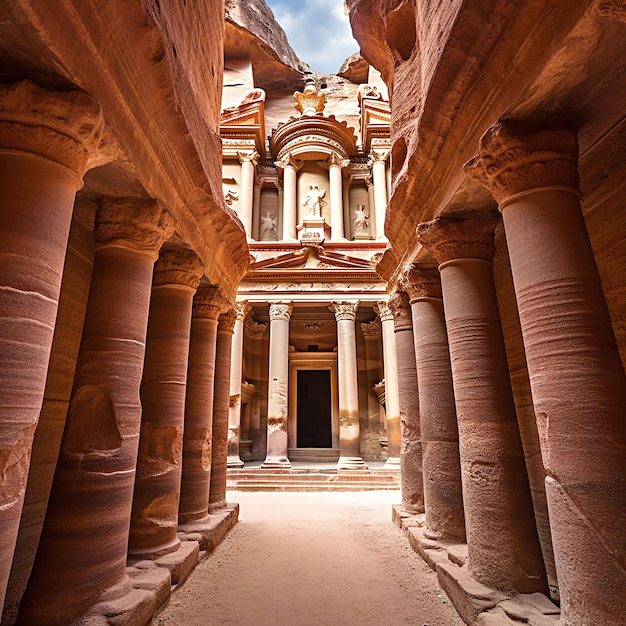 De overweldigende en oude architectuur van Petra in Jordanië met zijn torenhoge rode zandsteenrotsen en