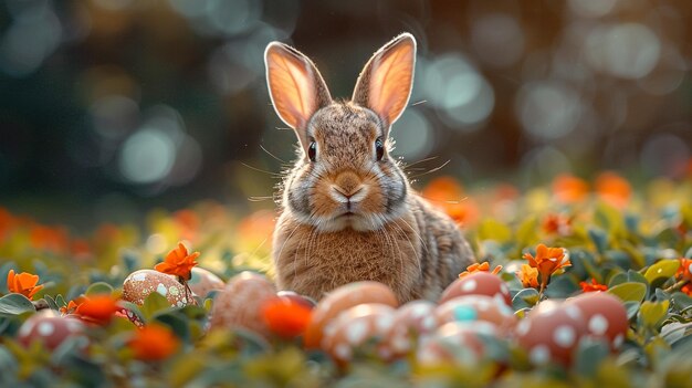 Foto de paaskonijn zit in de tuin.