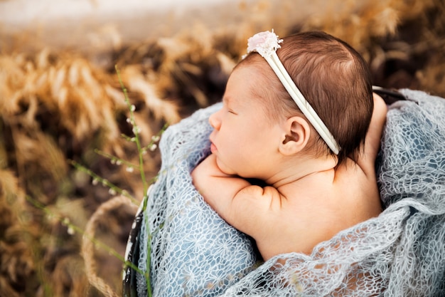 De pasgeboren slaap van het babymeisje in emmer onder de deken bij zonsondergang openlucht