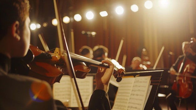 Foto de passie van de violist wordt tentoongesteld te midden van een orkest dat zich richt op het hart van de muziek.