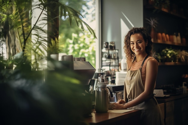 De passie van een vrouwelijke eigenaar voor koffie en zaken Generatief door Ai