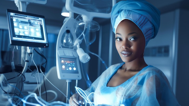 De patiënt is een donkere Afro-Amerikaanse vrouw in een moderne lichte medische afdeling van een hospice.