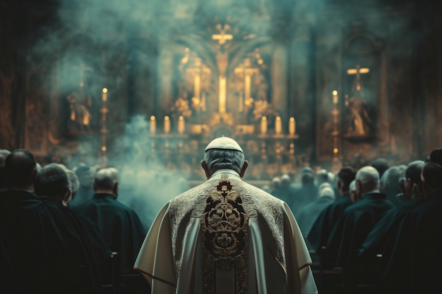 De paus leidt een religieuze ceremonie vanuit de achtergrond