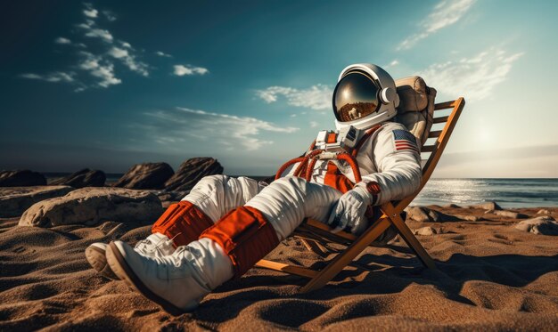 Foto de pauze van de astronaut op mars omvat ontspannen in een strandstoel staren naar de buitenaardse landschap ontworpen