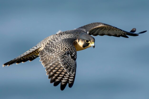 De Peregrine Falcon in volle vlucht met uitgestrekte vleugels terwijl hij moeiteloos door de lucht snijdt