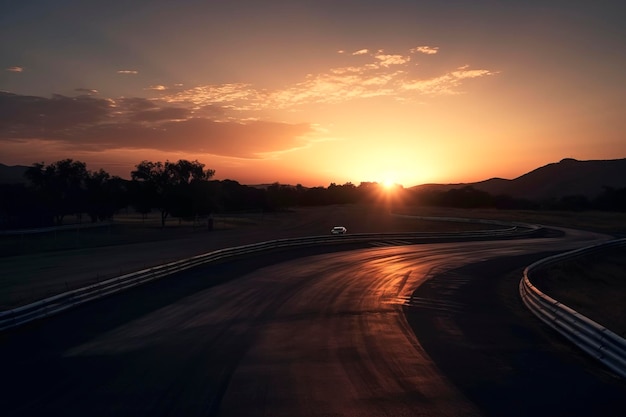 De perfecte finish: racen naar de zonsondergang op het circuit gemaakt met generatieve AI-technologie