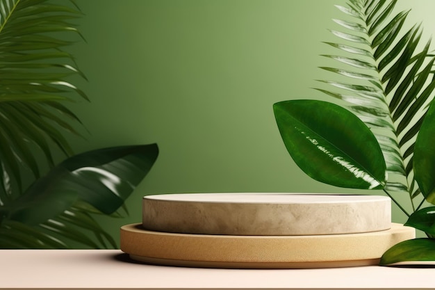 De perfecte presentatie Een stenen podium met een groen tropisch blad ideaal voor het presenteren van EcoFrien