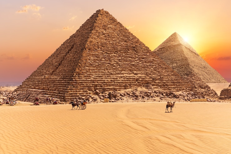 De piramide van Menkaure en de piramide van Chefren in de zonsondergangstralen, Giza-woestijn.