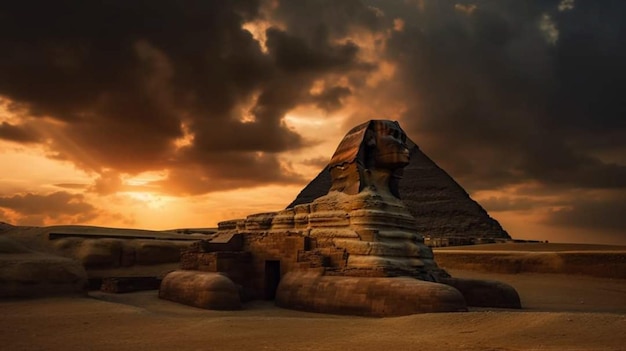 De piramides van Egypte bij zonsondergang met een bewolkte hemel