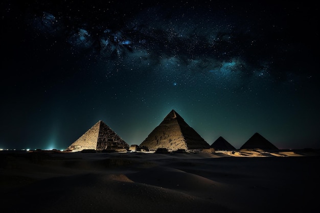 De piramides van Gizeh worden 's nachts verlicht.