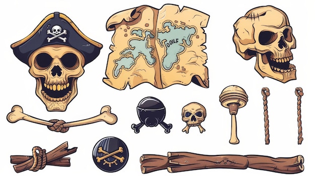 Foto de piratenbanner de oude boekrol met de kaart en de zwarte vlaggen met jolly roger moderne cartoon illustratie van zeeman skelet hoofd met gouden tand en perkament met touw