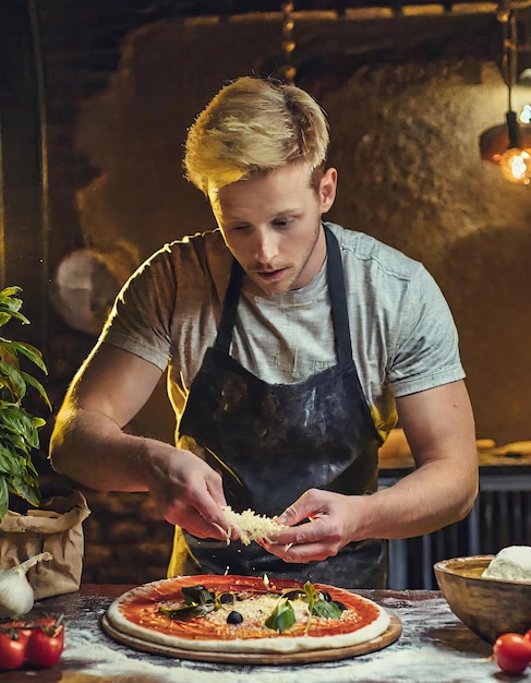 Foto de pizza-meester bereidt de pizza volgens de wensen van de klanten het proces van het opzetten van toppings op een pizza sprinkle kaas op een pizza