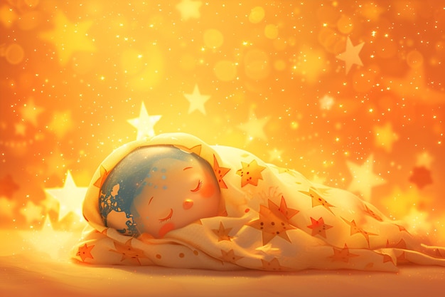 De planeet Aarde slaapt onder een deken met sterren op een gouden achtergrond Wereld Slaapdag