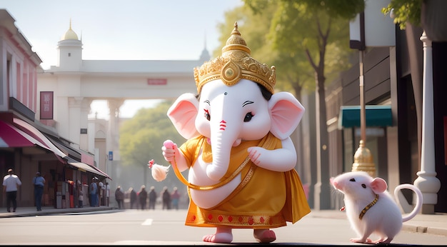 De pluizige heer Ganesha met een kleine rat die door het winkelcentrum loopt.