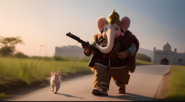 De pluizige heer Ganesha met een kleine rat die met een Indiase soldaat loopt.