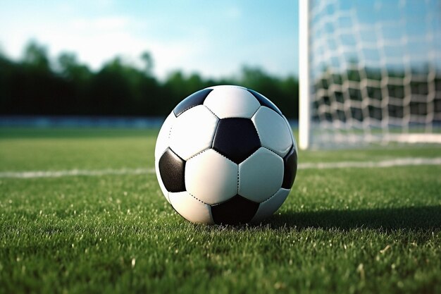 De poëtische vorm van de voetbal siert het doelnet en verleent schoonheid aan het weelderige veld
